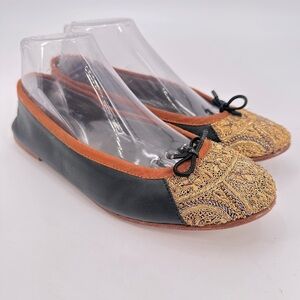 Meher Kakalia Black Leather + Gold Cap Toe Flats Size 40